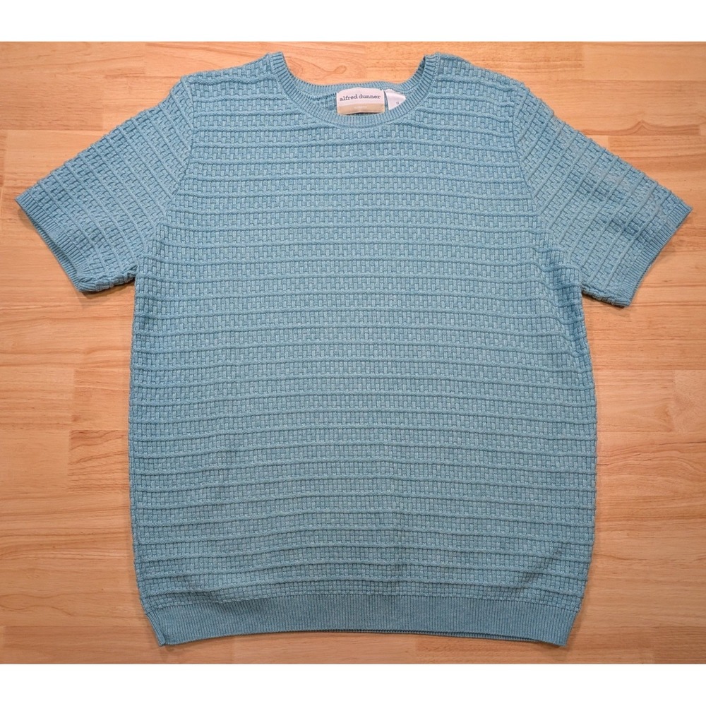 Alfred Dunner Woman Light Blue Basketweave Short Sleeve Knit Sweater 1X USA Made